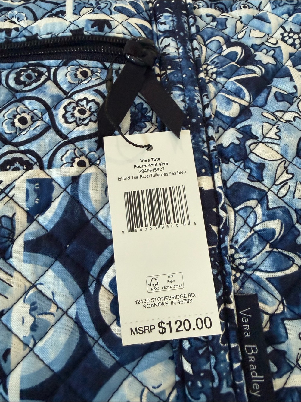 Vera Bradley Women's Cotton Vera Tote Bag Island Tile Blue NEW Retail $120 - Picture 2 of 6